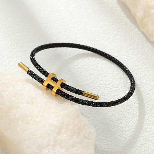 AIMADE Bracelets for Women Adjustable Charm Bracelet, 18k Gold-plated Buckle Design Titanium Steel Wire Rope Women's Gift Jewelry - color: Black