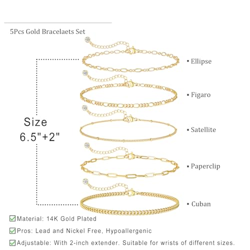 Dearmay Gold Bracelets for Women Waterproof, 14K Gold Plated Minimalist Bracelets Stack Non Tarnish Trendy Dainty Herringbone Vintage Cuban Paperclip Rope Thin Box Link Chain Stackable Jewelry Sets Modern Fashion Accessories Gifts for Womens - style: 5Pcs