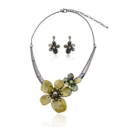 AMYJANE Vintage Statement Jewelry Set - Spring Leaf Flower Floral Plant Necklace Earring Set Crystal Rhinestone Fashion Costume Jewelry for Women Prom Party Unique Gift - style: 2 Flower Jewelry Set Green