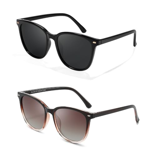 Myiaur Polarized Sunglasses for Women, Trendy Square Shades with UV400 Protection Sun Glasses for Daily (2 Pack) - color: A02 Black+fadebrown