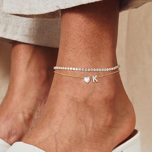 Gold Initial Ankle Bracelets for Women Waterproof 14K Gold Filled Layered Anklets for Women Non Tarnish Women's Anklets Adjustable Large Ankle Summer Beach Foot Jewelry - style: Gold-K