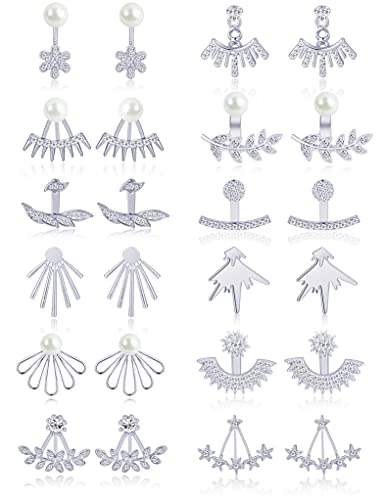 Tornito 6-12 Pairs Lotus Flower Earring Studs Chic CZ Earrings Jackets For Women Silver Rose Gold Tone - color: E:12 Pairs,Silver Tone
