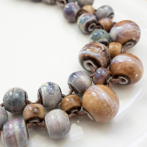 Boho Round Colorful Ceramic Beaded Necklace, Adjustable Hippie Statement Necklace, Handmade Ethnic Jewelry Gift for Women - color: Brown