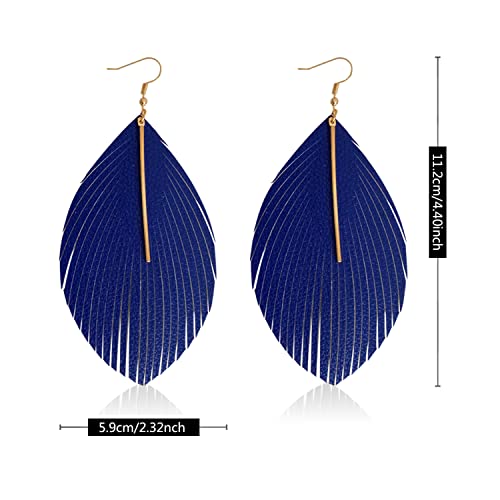 Minimalist Handmade Lightweight Large Soft Faux Leather Fringe Feather Dangle Drop Earrings Bohemian Huge Leaf Hook Earrings with Bar for Women - color: Blue