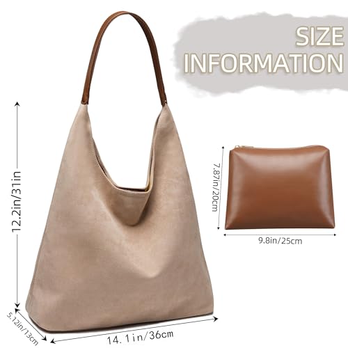 Large Work Tote Bags for Women, Boho Slouchy Suede Purses Handbags - color: Beige