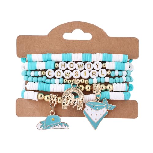 Fuqimanman2020 Boho Western Cowgirl Howdy Stackable Beaded Bracelet Set for Women Western Country Hat Boot Charms Polymer Clay Beads Bracelets Country Concert Rodeo Jewelry Gift - color: Style 2 Blue Hat