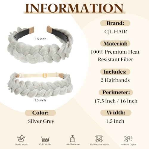 CJL HAIR 2PCs Braided Headbands Hair Piece for Women Synthetic Hair Hoops Head Bands Handmade Braid Hairband Accessories Elastic Stretch Headwrap Silver Grey - color: 2PCS-Silver Grey