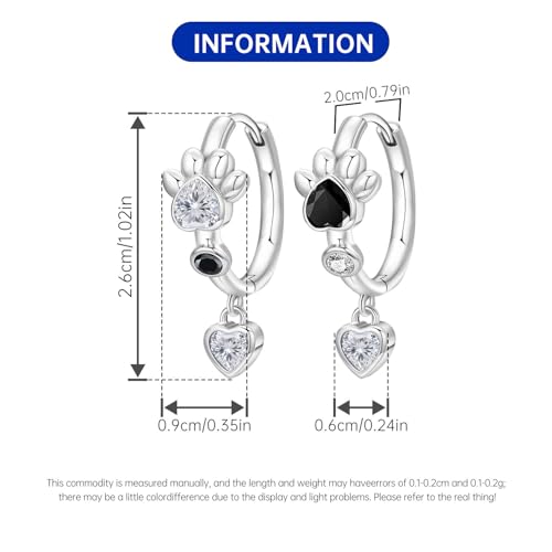 925 Sterling Silver Dangle Earrings for Women, Butterfly&Bee Animals Design, Hypoallergenic Jewelry gifts - color: Black and white paw print heart-shaped earrings