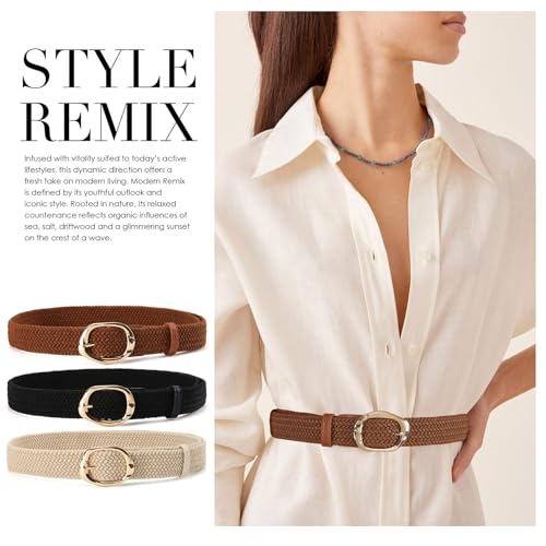 Yaopeing 3 Pack Braided Canvas Stretch Woven Belt for Women Ladies,Elastic Waist Belt for Dress