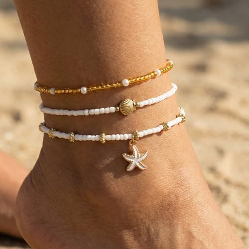 Boho Beads Beach Layered Anklet Set for Women, Handmade Gold Starfish Pearl Shell Anklets Summer Ocean Accessories Jewelry Gift - color: Gold Starfish Shell