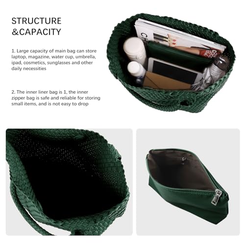Woven Tote Bag Womens Purse Vegan Leather Shoulder Handbags Fashion Summer Beach Tote Bags Large Travel Totes - color: Blackish Green