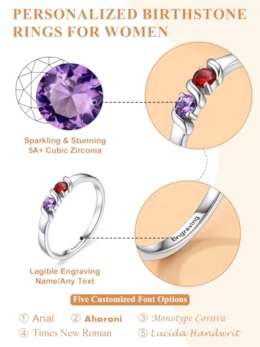 Custom4U Personalized Mothers Ring with 1-5 Birthstones Names Engraved 925 Sterling Silver/14K White Gold Plated Birthstone Rings for Women Promise Ring Birthday Jewelry Gifts for Mom Grandmother Wife - color: 2 Birthstones Ring (Custom)