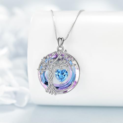 POPLYKE Mothers Day Gifts for Mom Her Wife Tree of Life Necklace 925 Sterling Silver Birthstone Pendant with Crystal Anniversary Birthday Wedding Jewelry for Women - color: 12-Dec-Blue Topaz, style: White Gold Plated-Amethyst Crystal