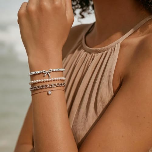 Elastic Beaded Charm Bracelets for Women - Adjustable Stackable Dainty Bracelet with Gold or Silver Charms, Jewelry Gift for Her - style: Silver-Bow