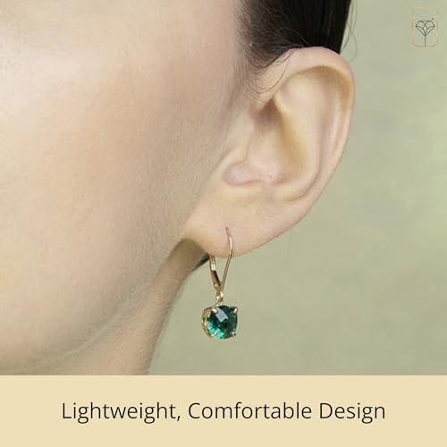 14k White or Yellow Gold Cushion Cut Gemstone Dangle Earrings for Women with 8mm Birthstones by MAX + STONE - color: Created-Emerald