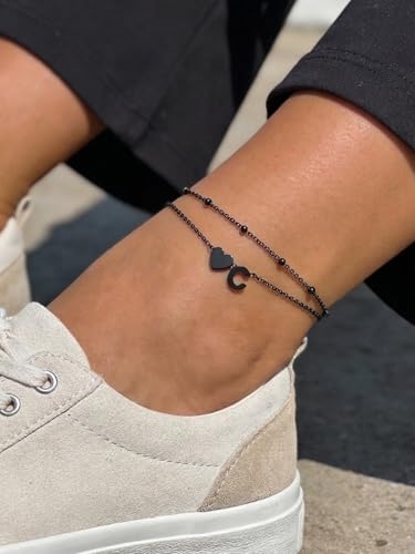 Silvora Ankle Bracelets for Women Waterproof 14K Gold/Silver/Black Initial Anklet for Women Dainty Layered Heart Ankle Bracelets Stainless Steel Adjustable Foot Chain Anklet Summer Beach Jewelry - color: Black-Stainless Steel, size: 03.C