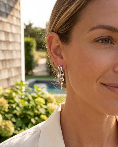 MUMREUES Gold Earrings for Women Trendy 14K Gold Plated Dangle Earrings Small Hoop Huggie Drop Stud Earrings Cubic Zirconia Simple Minimalist Dainty Chain Tassel Hypoallergenic Earrings - color: Celestial & Silver