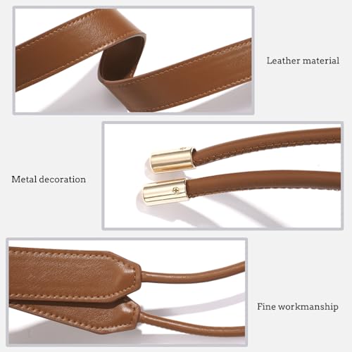 Women PU Leather Tie Waist Belts Knotted Thin Skinny Rope Waistband - color: Brown