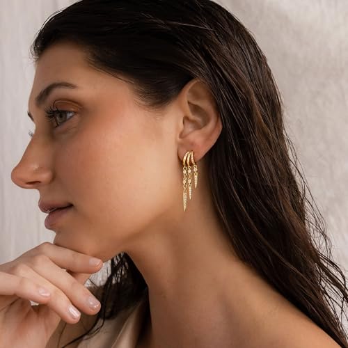 Dangle Earrings For Women, Dainty Gold Drop Statement Earrings 14K Gold Plated Long Huggie Earrings for Women Trendy Hypoallergenic Dangly Earrings Small Triple Hoops Earrings Fashion Jewelry - color: gold-three