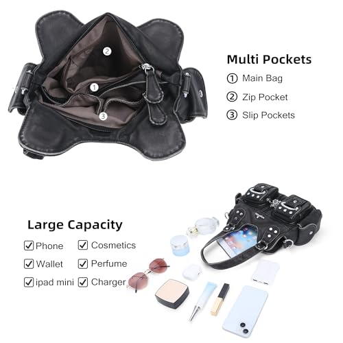 Angel Kiss Small Hobo Purses for Women, Washed Vegan Leather Multi-Pocket Purse, Shoulder Handbag with Adjustable Strap - color: Retro Black
