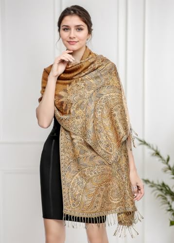 Achillea Reversible Paisley Pashmina Rave Scarf – Exotic Indian Shawls and Wraps for Evening Dresses, Festivals, All Seasons - color: Big Paisley Golden Brown