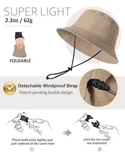 Water-Resistant Bucket Hat for Women Men Rain Hat UPF 50+ Boonie Sun Hat Foldable Summer Floppy Fishing Safari Hats - color: Khaki