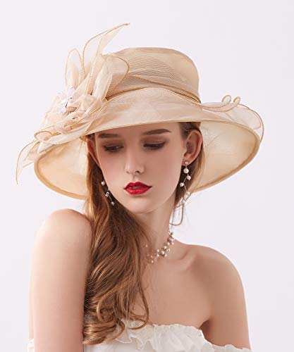 ORIDOOR Women’s Organza Church Tea Party Wedding Fascinator Derby Hat Wide Brim Sun Hats - color: C9-khaki