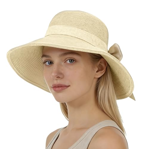 Beach Hats for Women Summer Straw Sun Hats Wide Brim Hat Foldable Packable for Travel Vacation - color: Beige