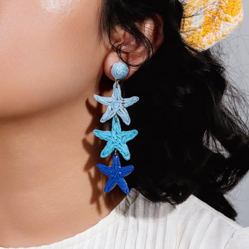 Boho Raffia Earrings Starfish Shell Seashell Dangle Drop Earrings Cute Statemnet Trendy Jewelry Summer Beach Outfits for Women - color: Blue, size: Seastar
