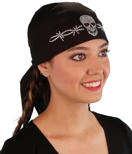 Sparkling EARTH - American Made Skull Caps Doo Rags Do Rag Durag Headwrap Head Wraps Skullies - Made in The USA! - color: Skull and Barbed Wire Rhinestone on Black Cap