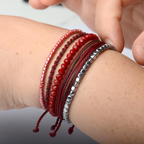 Mezcla Vida Handmade Waterproof Rope Bracelets Pack String & Beaded Bracelet Stack - Set of 5 Stackable Bracelets For Women, Summer Accessories & Bohemian Bracelets for Teen Girls - color: Dark Red