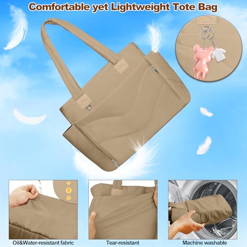 YFWE Puffer Tote Bag for women, Lightweight Tote Bag with Compartments for Work, Travel, School, Gym & Nurses - color: Khaki