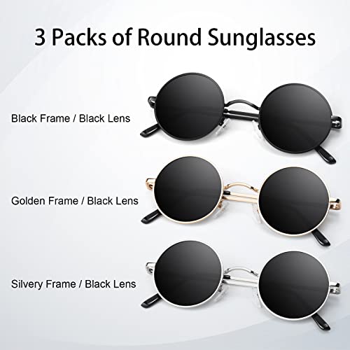 Round Polarized Sunglasses Men Women,Retro Metal Hippie Shades with 100% UV Protection - color: C2- Black + Golden+ Silvery