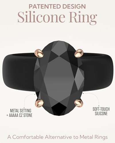 Rinfit Silicone Ring with Stone - Oval Cut Cubic Zirconia Solitaire Engagement Ring for Women - Rubber Wedding Bands - Patented Design - color: Pack N: Black / Rose Gold / Black Stone