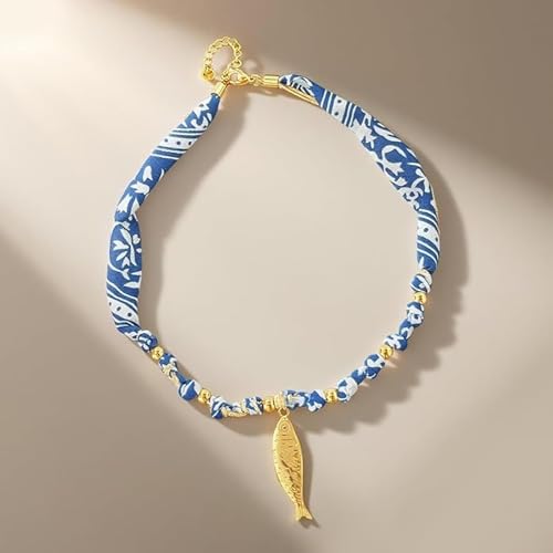 Scarf Necklace with Charm Gold Starfish Chunky Cross Heart Flower Pendants Bandana Charm Necklace Western Scarf for Women Boho Cowgirl Country Cowboy Accessories Beach Vacation Vacation Outfits Jewelry - color: C4-Scarf Necklace With Fish Charm