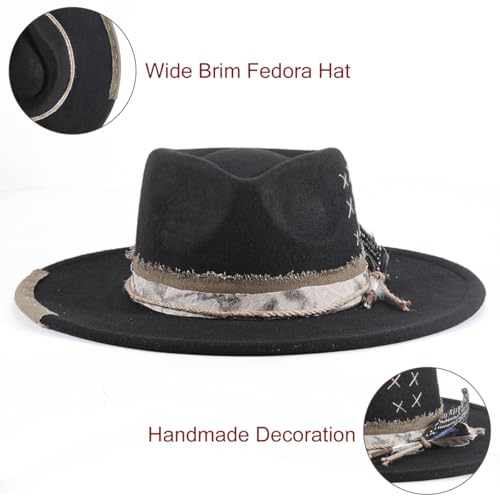 Womens Boho Fedora Hat Wide Brim Fedora Mens Handmade Flat Brim Hats - color: 2black
