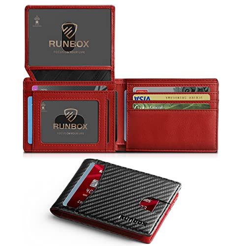 RUNBOX Wallet for Men -Slim Rfid Leather Mens Bifold Novelty Wallets 2 ID Window With Gift Box Men's Accessories | Slim - color: Carbon black&red-new