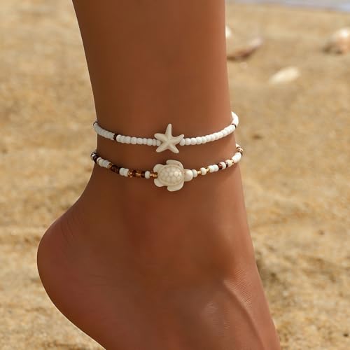 Qceasiy Shell Ankle Bracelet Set for Women, Gold Plated Boho Bead Adjustable Anklet, Hawaiian Beach Seashell Pearl Heart Starfish Conch Foot Jewelry Gifts - color: Turtle 2Pcs