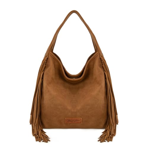 Wrangler Fringe Suede Hobo Bag for Women Leather Western Fringe Purse Tassel Hippie Shoulder Bag - color: Bright Brown