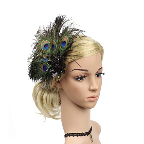 Fascinator Peacock Feather Hair Clips Flapper Headband Art Deco 20's Accessories for Women - color: 10green