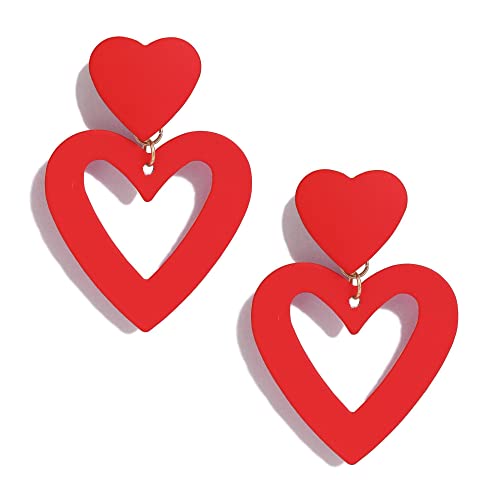Double Heart Earrings Dangling Heart Drop Earrings For Women Love Heart Dangle Earrings Birthday Gift - color: Red