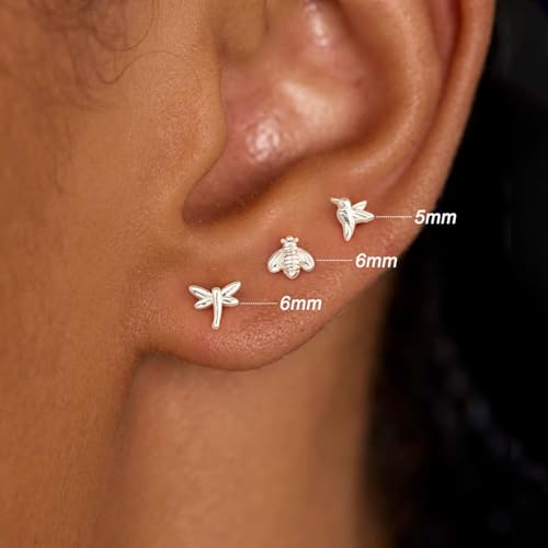 3 Pair Tiny Flat Back Earrings for Women - 14K Gold/White Gold Plated Dainty Cute Small Screw Flatback Stud Earring, Everyday Wear Gift - color: Hummingbird Bee Dragonfly Flat-5/6/6mm Silver