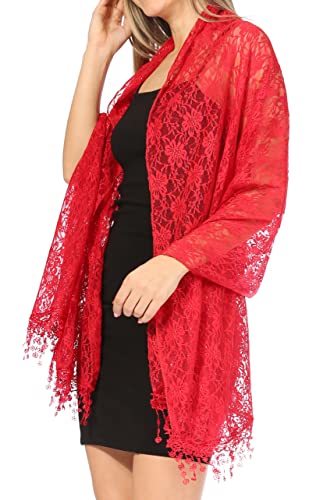 Sakkas Mari Women's Large Lightweight Soft Lace Scarf Wrap Shawl Floral and Fringe - color: Style2-burgandy