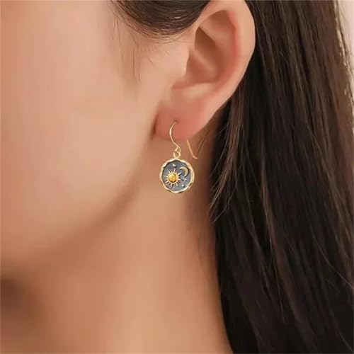 MALOYANVE Vintage Sun and Moon Drop Dangle Earrings for Women Unique lightweight Handmade Retro Boho Antiqued Gold Silver Round Coin Earrings for Women Jewelry - color: Gold