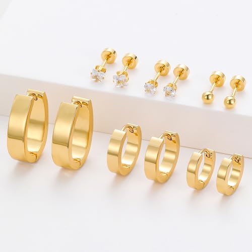 Silver Gold Plated Surgical Steel Flat Back Earrings for Women Hypoallergenic 14K Gold Plated Stud Huggie Earring Set Fashion Shell Cubic Zirconia Flatback Studs Cartilage Earrings Pack for Multiple Piercing 5/8Pairs - color: 6 Pairs Gold Plated Hoop Flat