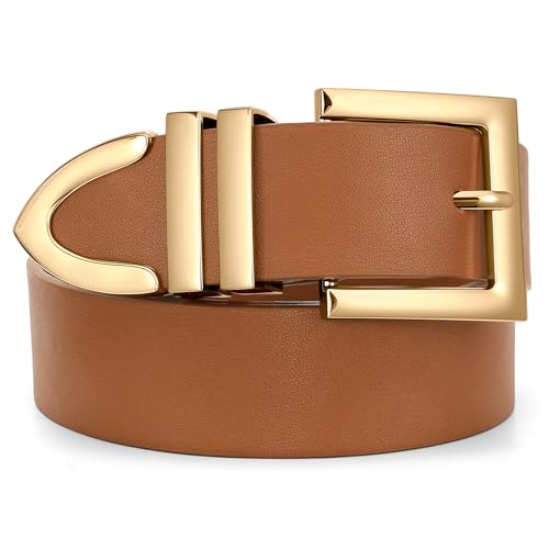 SUOSDEY Plus Size Women's Leather Belts for Jeans Pants Dress Fashion Women Waist Belt with Gold Buckle - color: Brown, size: Fit waist size 36''-41''