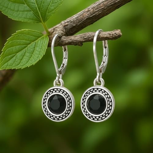 Savma Handmade 925 Sterling Silver Leverback Earrings for Women, Vintage Celtic Round Crystal Dangle Drop Earrings, Lightweight Boho Hypoallergenic Jewelry Gift - color: Black Stone
