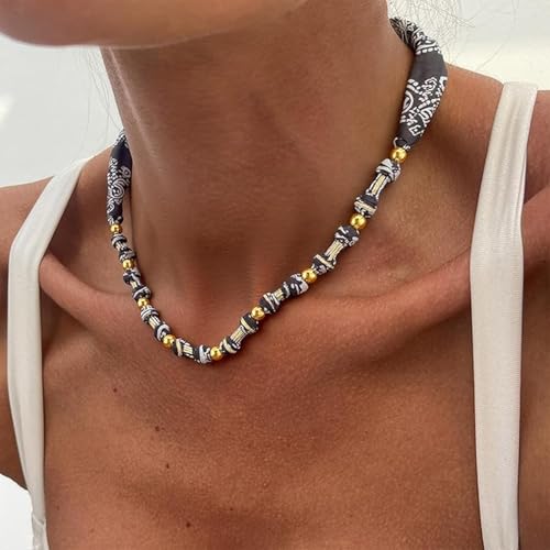 Scarf Necklace with Charm Gold Starfish Chunky Cross Heart Flower Pendants Bandana Charm Necklace Western Scarf for Women Boho Cowgirl Country Cowboy Accessories Beach Vacation Vacation Outfits Jewelry - color: C2-Scarf Necklace