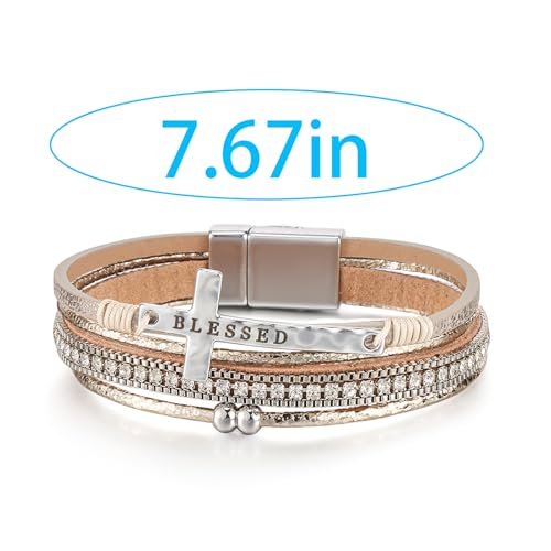 Turquoise Leather Wrap Bracelet for Women Cross Boho Beaded Stack Wrap Cuff Bracelets Stackable Crystal Bangle With Gold Silver Bohemian Jewelry Gift - color: blackcross