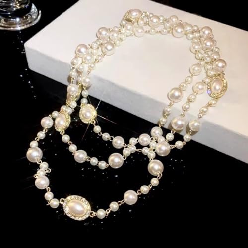 Layered Pearl Necklaces for Women Big Pearl Long Chain Necklace Dainty Faux Pearl Necklaces Statement Sweater Strand Chain Jewelry - style: SetG